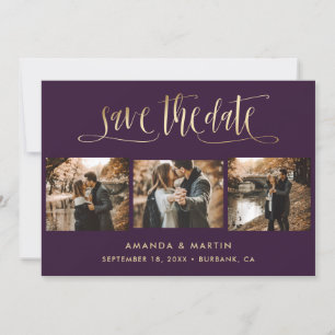 Elegant Purple and Gold Wedding 3 Photo Save The Date