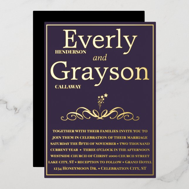 Elegant Purple and Gold Wedding Foil Invitation (Front/Back)