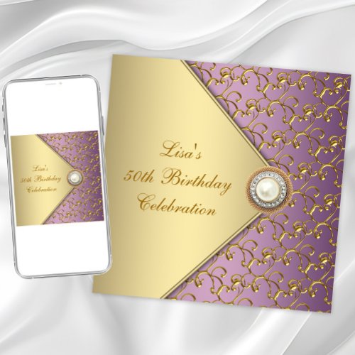 Elegant Purple and Gold Womans 50th Birthday Party Personalized Invites