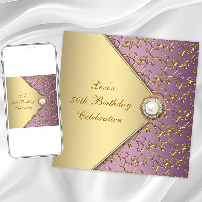 Elegant Purple and Gold Womans 50th Birthday Party Invitation (Elegant birthday or any occasion invitation. Instant download and printed invitations available)