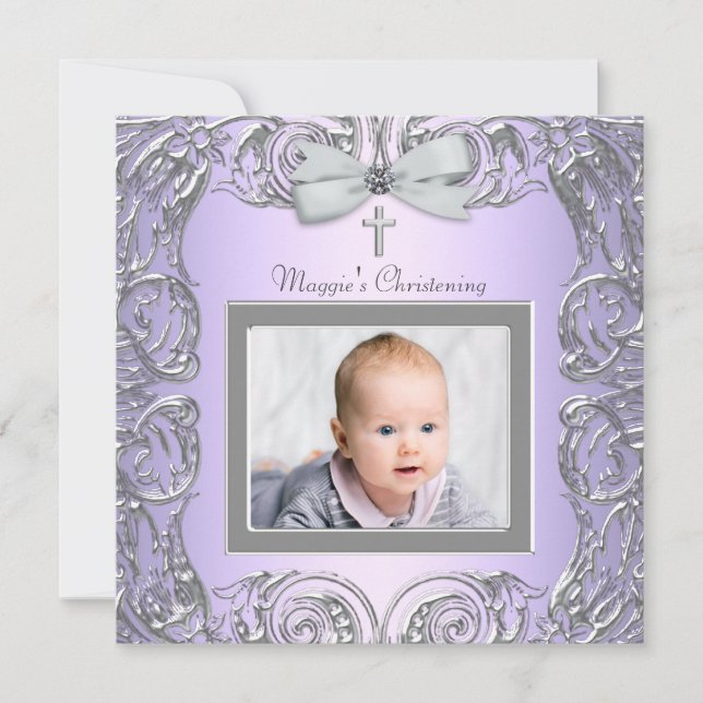 Elegant Purple and Gray Christening Invitations (Front)