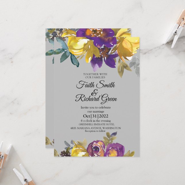 Elegant Purple and Gray Fall Wedding Invitations (Front/Back In Situ)