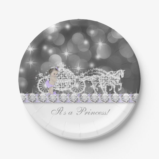 Elegant Purple and Gray Princess Baby Shower Paper Plates (Front)
