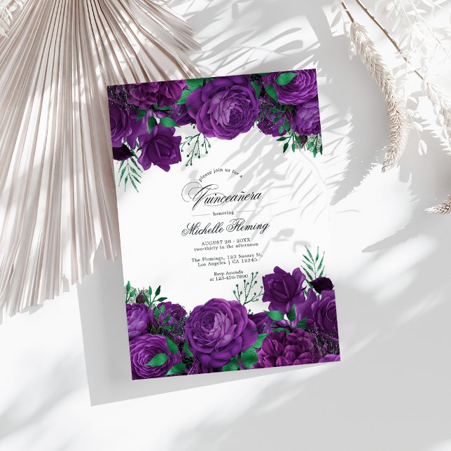 Elegant Purple and Green Floral Quinceañera Photo Invitation (Elegant Purple and Green Floral Quinceañera Photo Invitation)