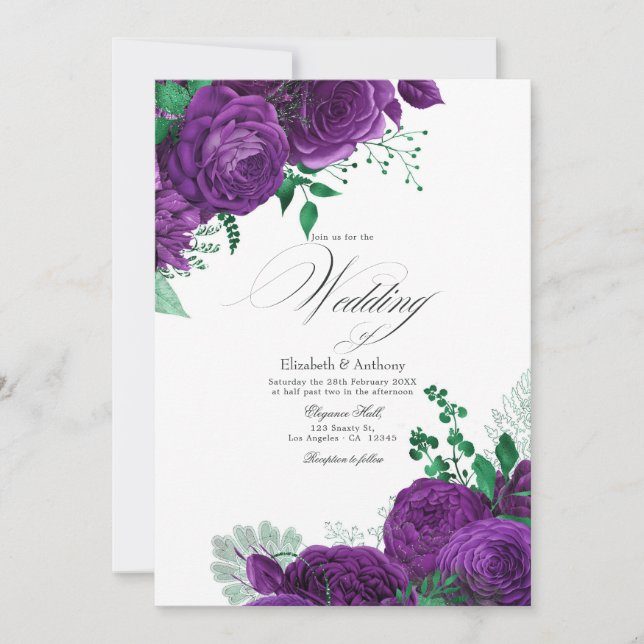 Elegant Purple and Green Floral Wedding QR Code Invitation (Front)