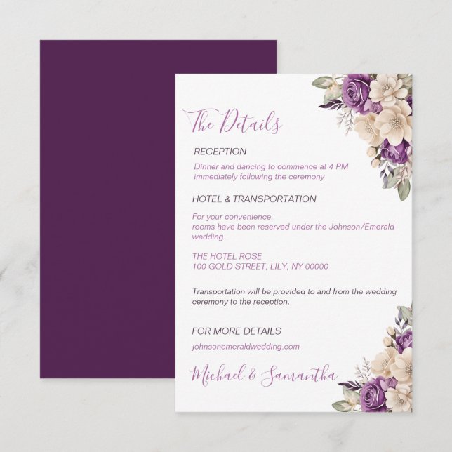 Elegant Purple and Ivory Rose Wedding Enclosure Card (Front/Back)