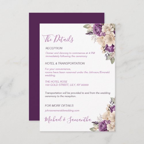 Elegant Purple and Ivory Rose Wedding Enclosure Card