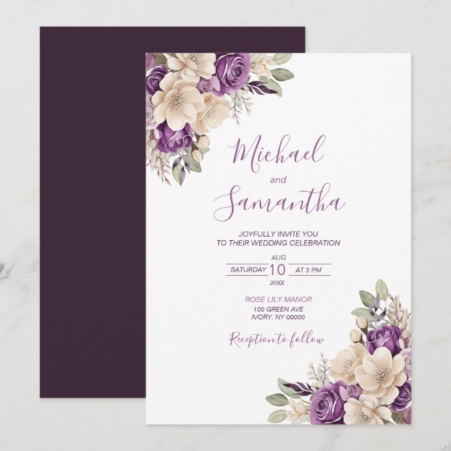Elegant Purple and Ivory Rose Wedding Invitation (Front/Back)