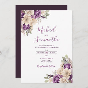 Elegant Purple and Ivory Rose Wedding Invitation