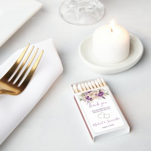 Elegant Purple and Ivory Rose Wedding Matchboxes
