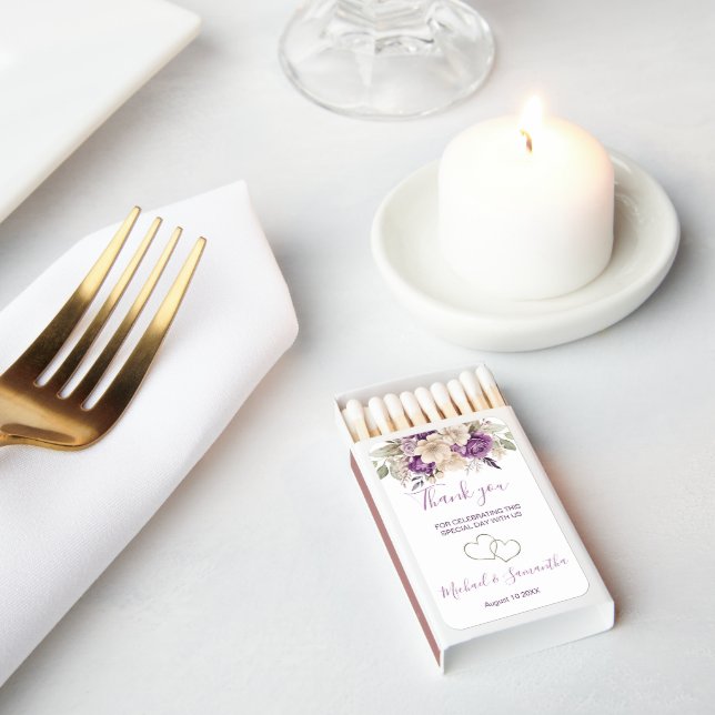 Elegant Purple and Ivory Rose Wedding Matchboxes (Insitu)