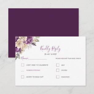 Elegant Purple and Ivory Rose Wedding RSVP Card