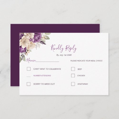 Elegant Purple and Ivory Rose Wedding RSVP Card