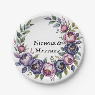 Elegant Purple and Magenta Peony Bouquet Wedding Paper Plates
