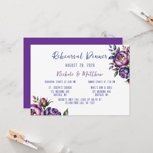 Elegant Purple and Magenta Peony Rehearsal Dinner Invitation (Front/Back In Situ)