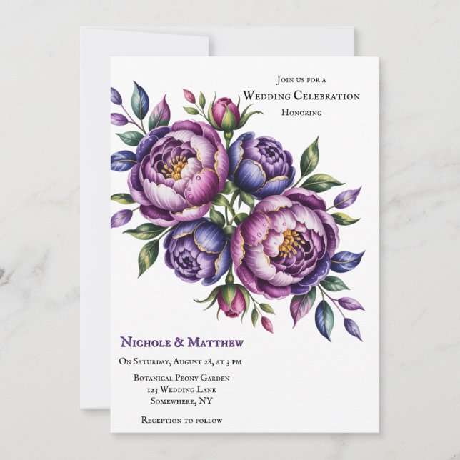Elegant Purple and Magenta Peony Wedding Invitation (Front)