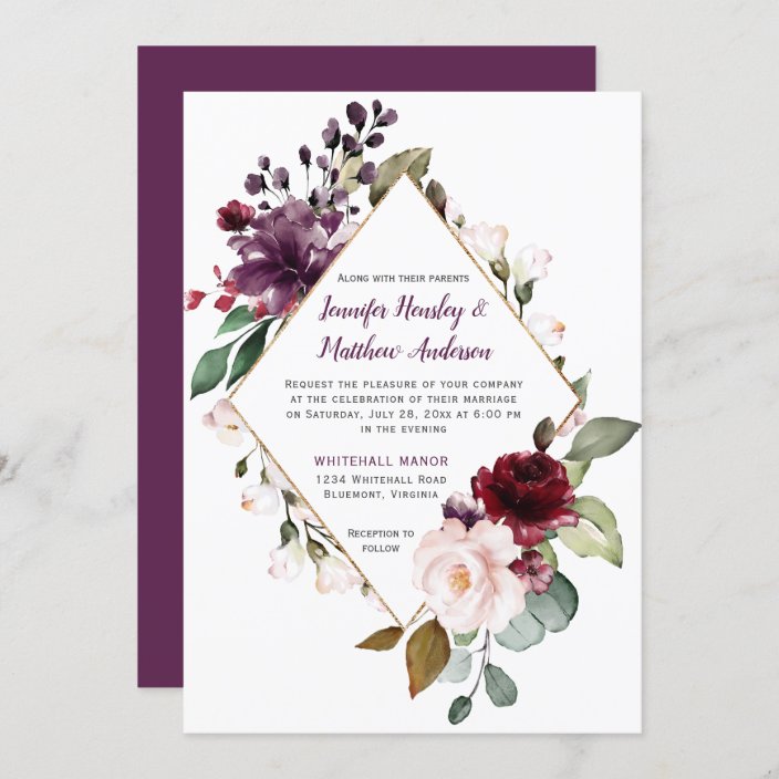 Elegant Purple and Red Floral Framed Wedding Invitation | Zazzle.com