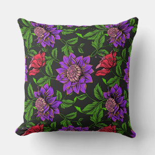 Elegant Purple And Red Flower Black Background Throw Pillow