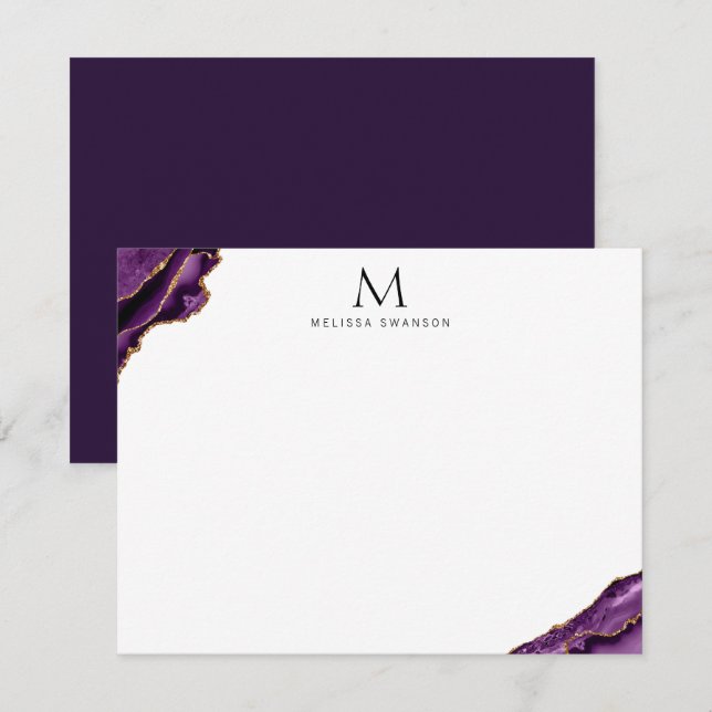 elegant purple and rose gold monogram note card (Front/Back)
