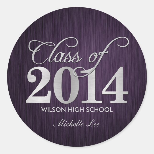 Elegant purple and silver Class of 2014 Classic Round Sticker (Front)