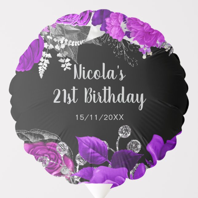 Elegant Purple and Silver Flowers Birthday  Balloon (Front)