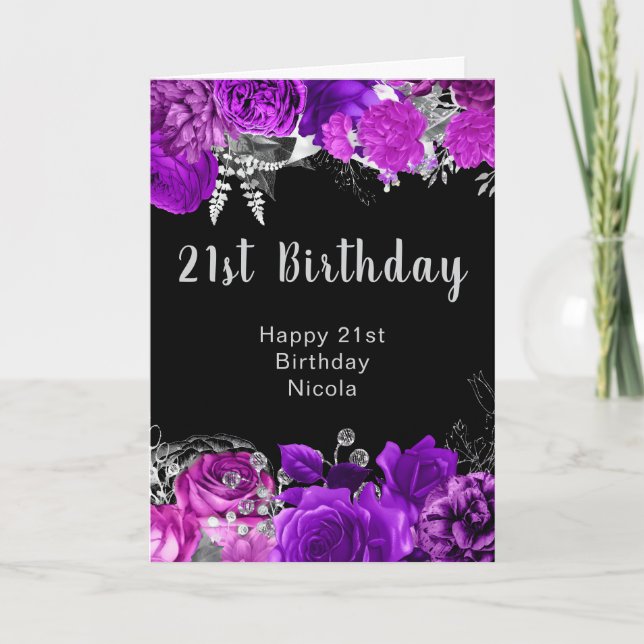 Elegant Purple and Silver Flowers Birthday  Card (Front)