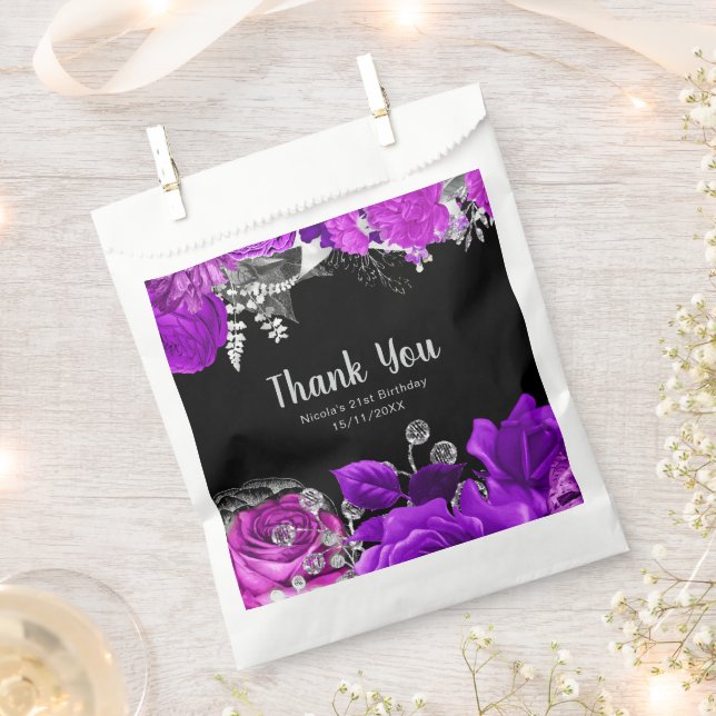 Elegant Purple and Silver Flowers Birthday Party  Favor Bag (Clipped)