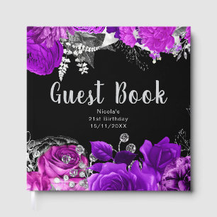 Elegant Purple and Silver Flowers Birthday Party Guest Book