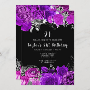 Elegant Purple and Silver Flowers Birthday Party Invitation