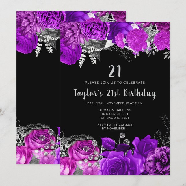Elegant Purple and Silver Flowers Birthday Party Invitation (Front/Back)