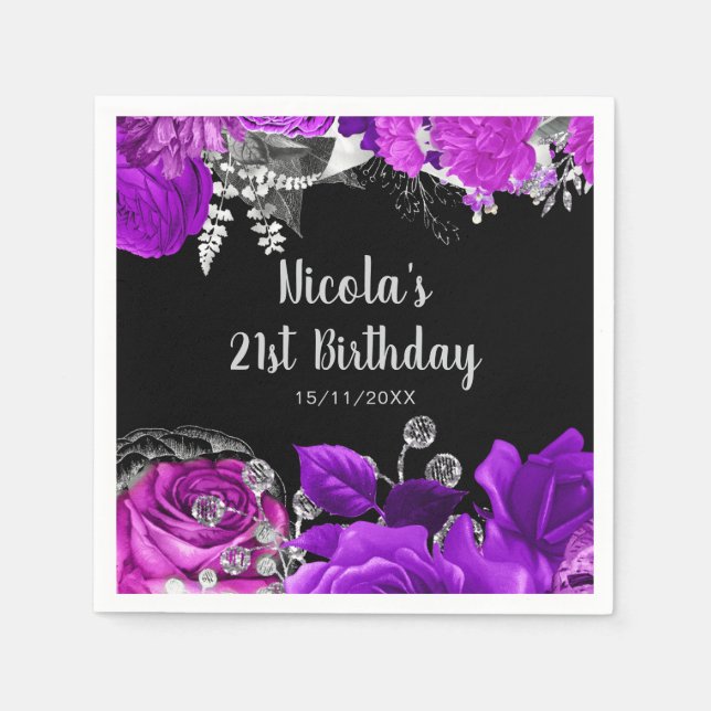 Elegant Purple and Silver Flowers Birthday Party  Napkins (Front)