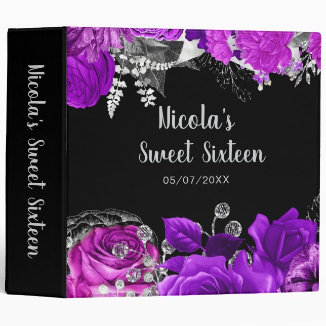Elegant Purple and Silver Flowers Sweet Sixteen 3 Ring Binder (Front/Spine)