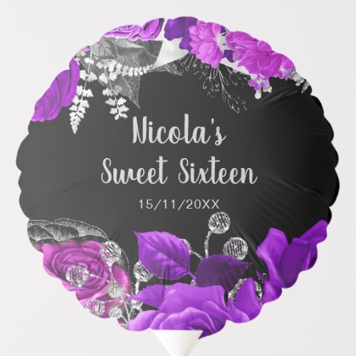 Elegant Purple and Silver Flowers Sweet Sixteen Balloon