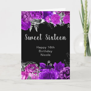 Elegant Purple and Silver Flowers Sweet Sixteen Card