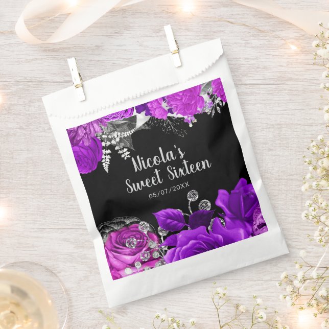 Elegant Purple and Silver Flowers Sweet Sixteen  Favor Bag (Clipped)