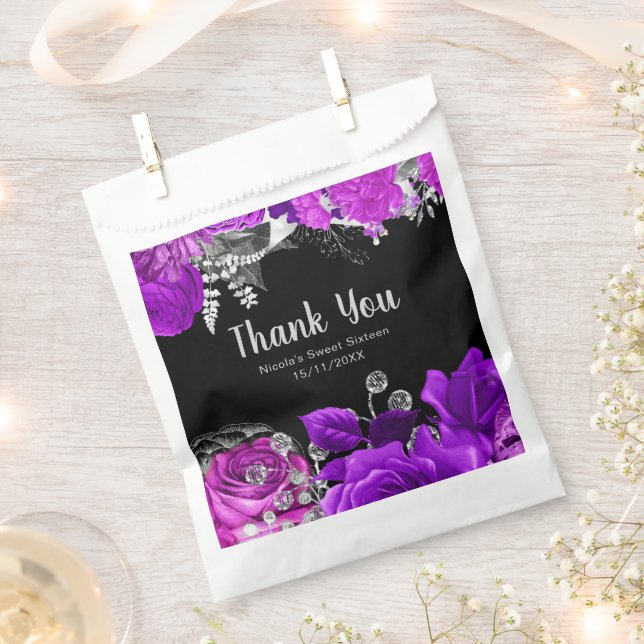 Elegant Purple and Silver Flowers Sweet Sixteen Favor Bag (Clipped)