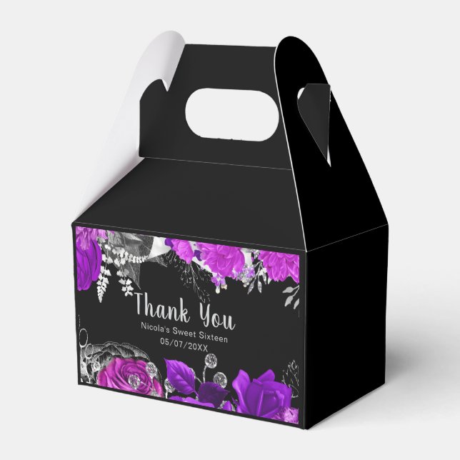 Elegant Purple and Silver Flowers Sweet Sixteen Favor Boxes (Front Side)