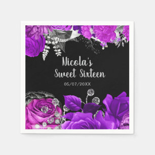 Elegant Purple and Silver Flowers Sweet Sixteen Napkins