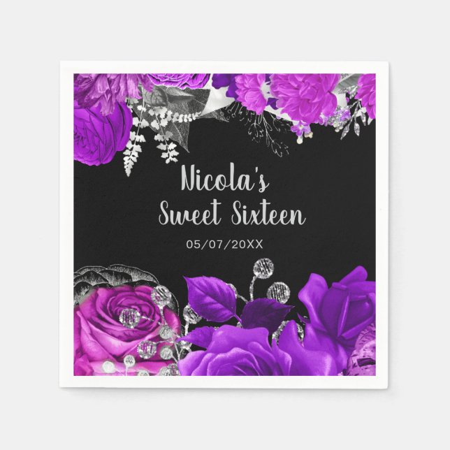 Elegant Purple and Silver Flowers Sweet Sixteen  Napkins (Front)