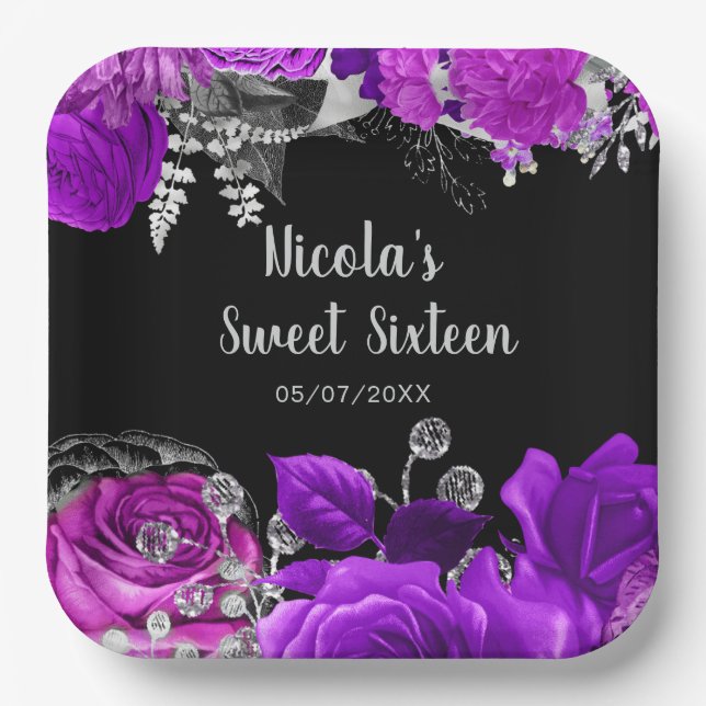 Elegant Purple and Silver Flowers Sweet Sixteen  Paper Plates (Front)