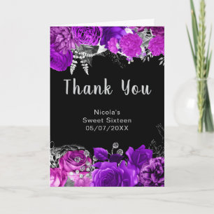 Elegant Purple and Silver Flowers Sweet Sixteen Thank You Card