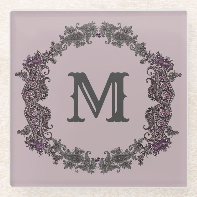 Elegant Purple and Silver Framed Monogram  Glass Coaster (Front)