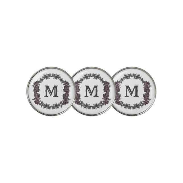 Elegant Purple and Silver Framed Monogram  Golf Ball Marker (3 Up)