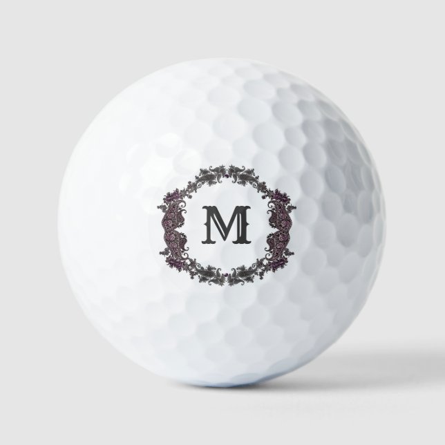 Elegant Purple and Silver Framed Monogram  Golf Balls (Front)