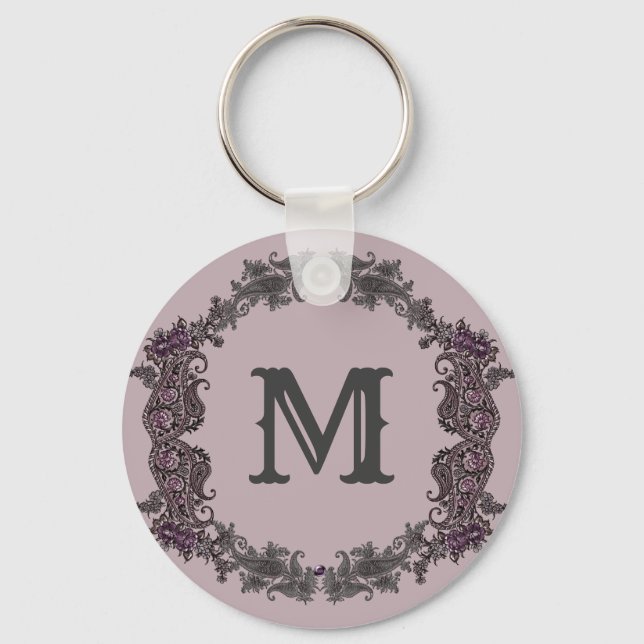 Elegant Purple and Silver Framed Monogram  Keychain (Front)