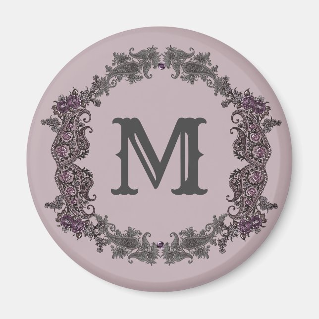 Elegant Purple and Silver Framed Monogram  Magnet (Front)