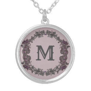 Elegant Purple and Silver Framed Monogram  Plated Necklace