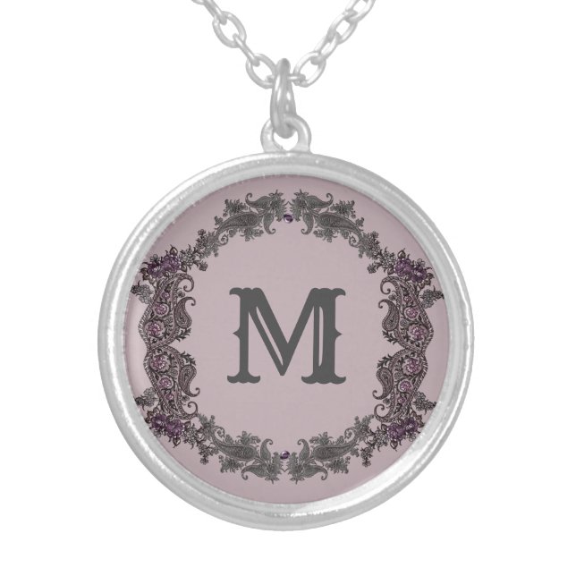 Elegant Purple and Silver Framed Monogram  Plated Necklace (Front)