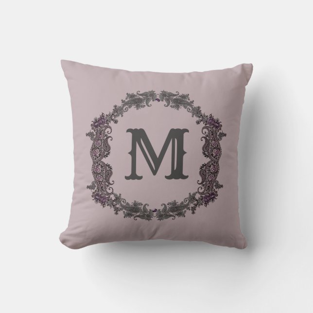 Elegant Purple and Silver Framed Monogram  Throw Pillow (Front)