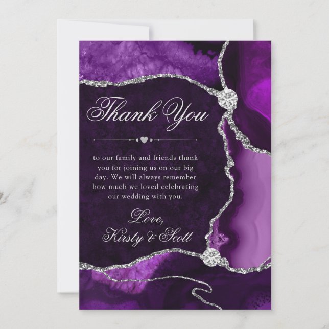 Elegant Purple and Silver Glitter Agate Wedding Thank You Card (Front)